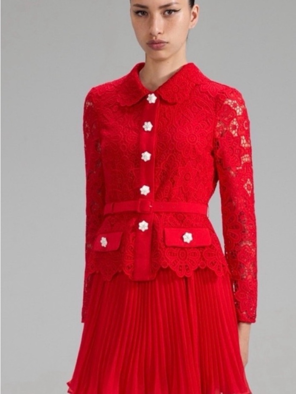 Self-Portrait Red Floral Lace Pleated Dress